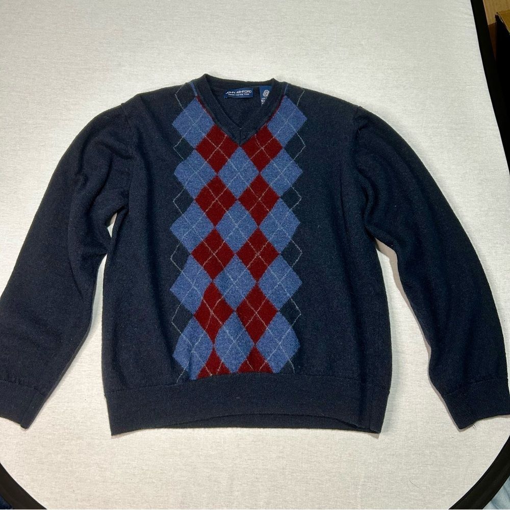 John Ashford Women's Sweater, XL Navy Blue Argyle, Italian Merino Wool, Preppy
